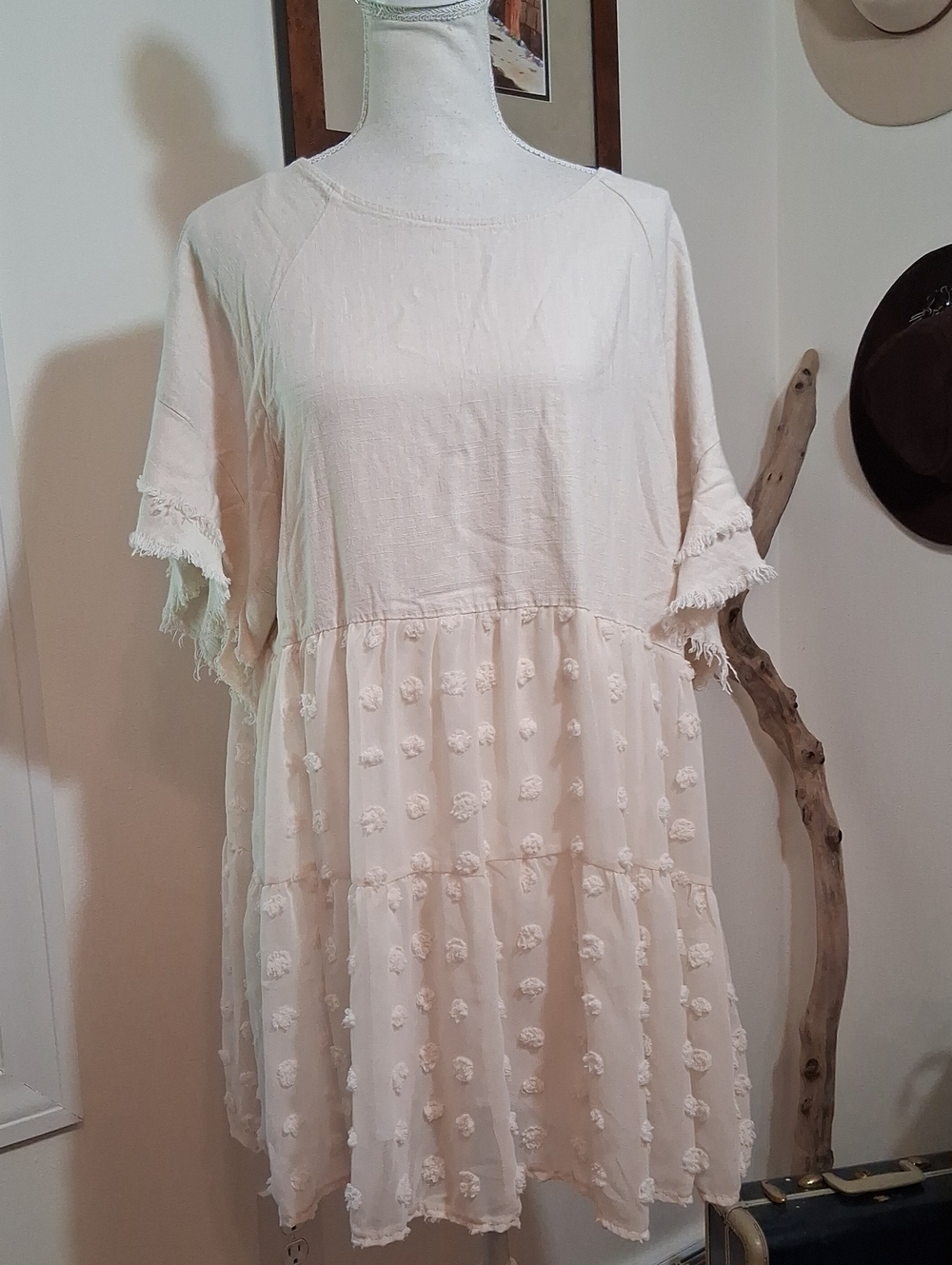 Boho Tiered Pom-Pom Trim Ivory Tunic Top